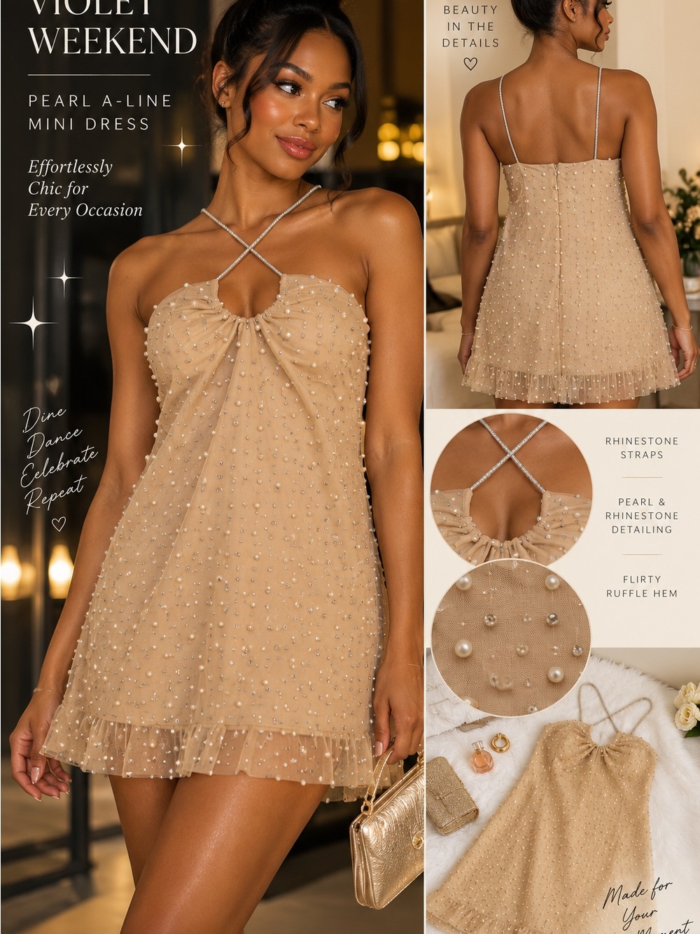 Violet Weekend Pearl Mini Dress in Champagne